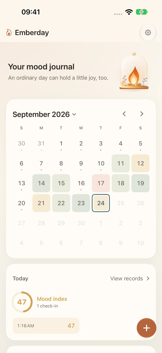 Emberday calendar with sample mood records
